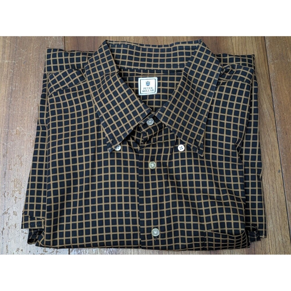 Peter Millar Mens Gingham Button Up Down Dress Shirt Black Gold XL Pocket Woven